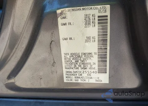 2018 Nissan Altima 2.5 Sr из США, поврежденный, VIN 1N4AL3AP2JC255540